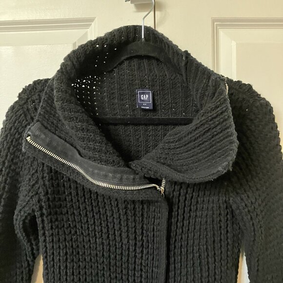 Y2K Gap Black Moto Cardigan Sweater Womens S Chunky Knit Cropped 2000s - Picture 3 of 9